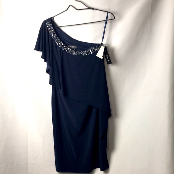 Betsy & Adam Dresses & Skirts - NWT BETSY ADAM WOMENS SIZE 8 ONE SHOULD NAVY DRESS BEADED NECKLINE HIDDEN ZIPPER